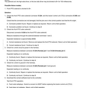 May include: A technical document with the title "Electrical systems - FAULT CODES" and the fault code "8005-Front PTO solenoid circuit short circuit to B+". The document provides troubleshooting steps and expected resistance values.