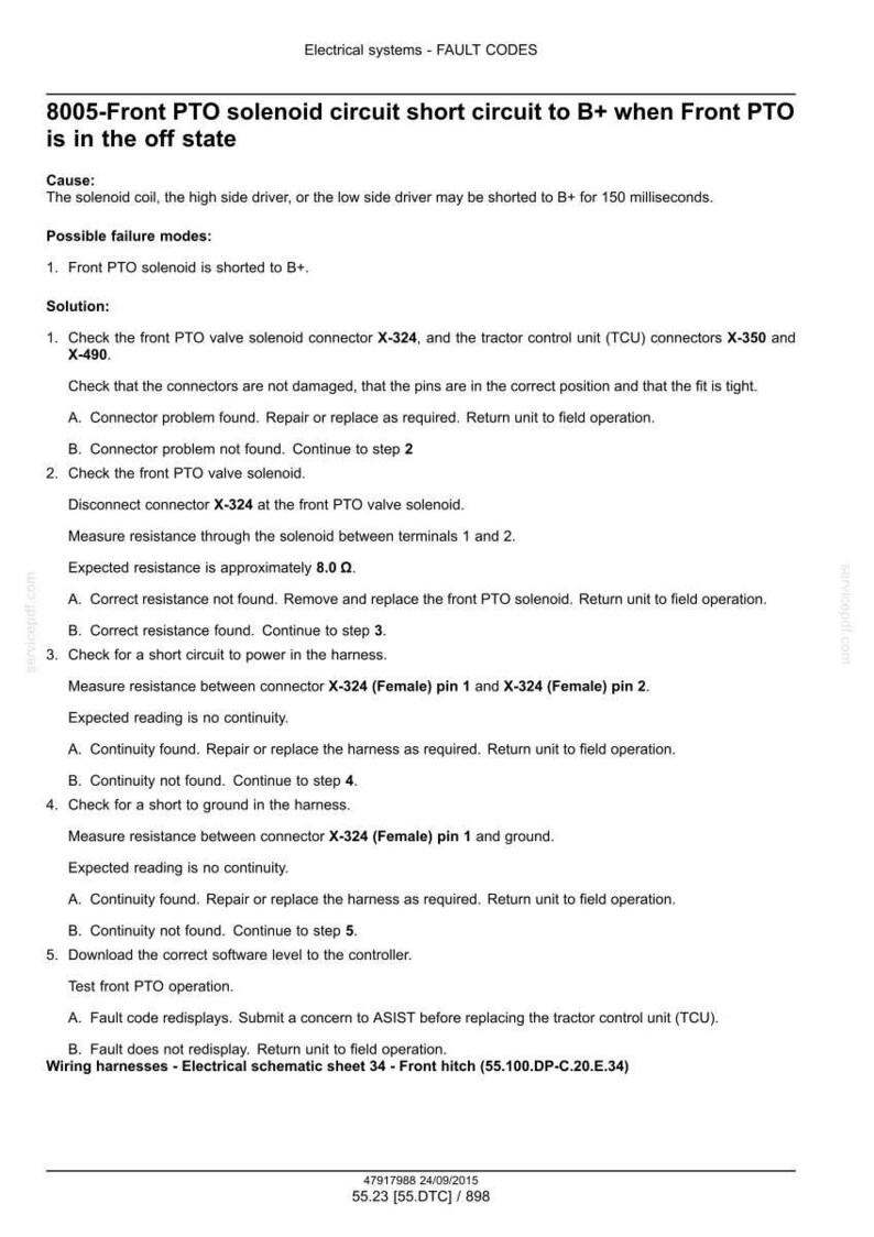 May include: A technical document with the title "Electrical systems - FAULT CODES" and the fault code "8005-Front PTO solenoid circuit short circuit to B+". The document provides troubleshooting steps and expected resistance values.