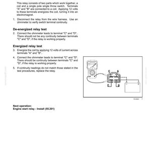 May include: Diagram of an engine start relay test procedure. The image includes text instructions, a multimeter, and a wiring diagram showing connections to a battery and relay terminals.