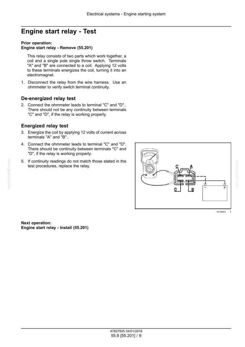 May include: Diagram of an engine start relay test procedure. The image includes text instructions, a multimeter, and a wiring diagram showing connections to a battery and relay terminals.
