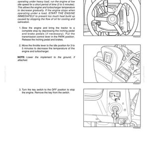 Puede incluir: Diagrama en blanco y negro de las instrucciones de funcionamiento del tractor. Las instrucciones incluyen los pasos para detener el motor, incluyendo el funcionamiento del motor a baja velocidad, poner la transmisi&oacute;n en posici&oacute;n de estacionamiento y girar la llave a la posici&oacute;n de apagado.