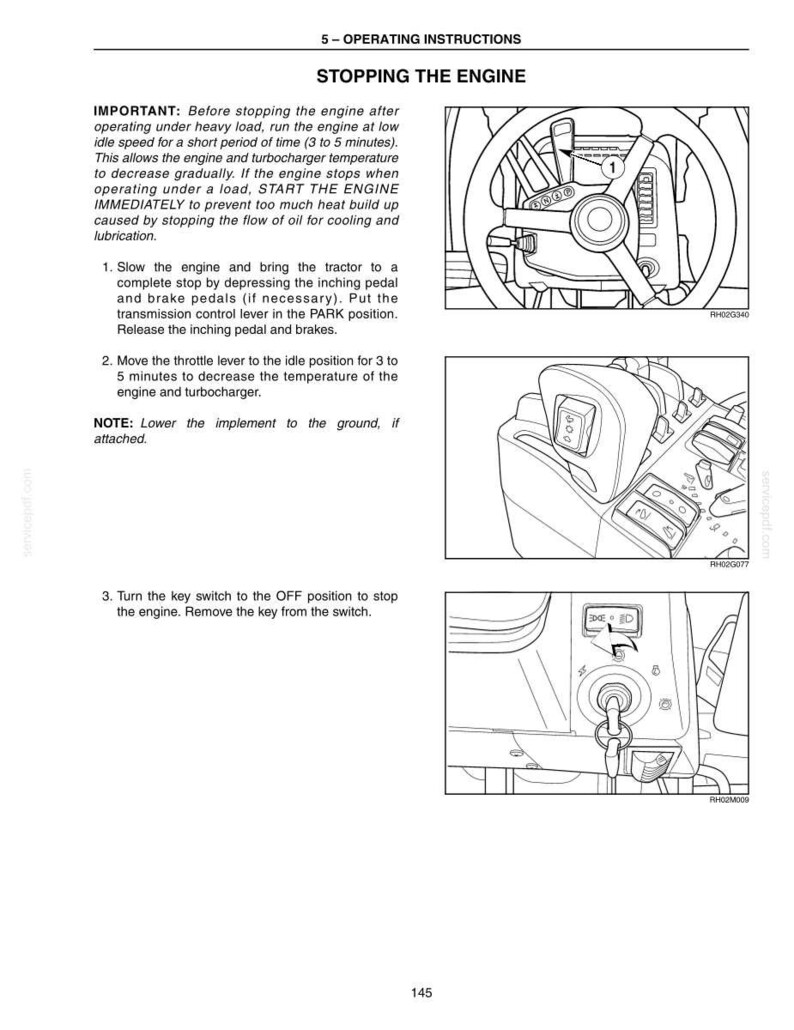 Puede incluir: Diagrama en blanco y negro de las instrucciones de funcionamiento del tractor. Las instrucciones incluyen los pasos para detener el motor, incluyendo el funcionamiento del motor a baja velocidad, poner la transmisi&oacute;n en posici&oacute;n de estacionamiento y girar la llave a la posici&oacute;n de apagado.