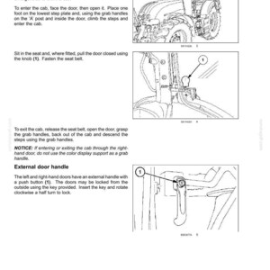 Pode incluir: Uma p&aacute;gina de manual t&eacute;cnico intitulada 3 - CONTROLS AND INSTRUMENTS detalhando procedimentos de entrada e sa&iacute;da da cabine de um trator. Apresenta desenhos lineares de um trator, um bot&atilde;o interno marcado com 1 e uma ma&ccedil;aneta externa com bot&atilde;o.