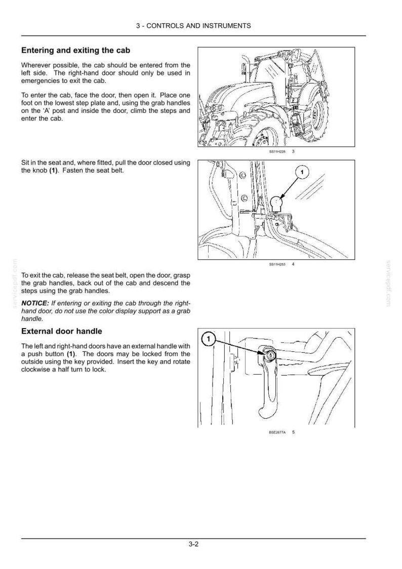 Pode incluir: Uma p&aacute;gina de manual t&eacute;cnico intitulada 3 - CONTROLS AND INSTRUMENTS detalhando procedimentos de entrada e sa&iacute;da da cabine de um trator. Apresenta desenhos lineares de um trator, um bot&atilde;o interno marcado com 1 e uma ma&ccedil;aneta externa com bot&atilde;o.