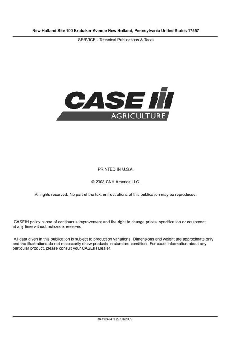 May include: A white document with the CASE IH AGRICULTURE logo in black and gray. The text includes the address of New Holland, PA, and copyright information for CNH America LLC. The document is a technical publication.