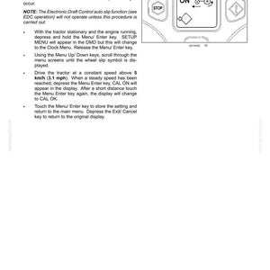 May include: A technical manual page titled 3 - CONTROLS/INSTRUMENTS detailing the Calibrating for Wheel Slip procedure. It includes text instructions and a diagram showing a display screen with the text CAL ON and a tractor icon.