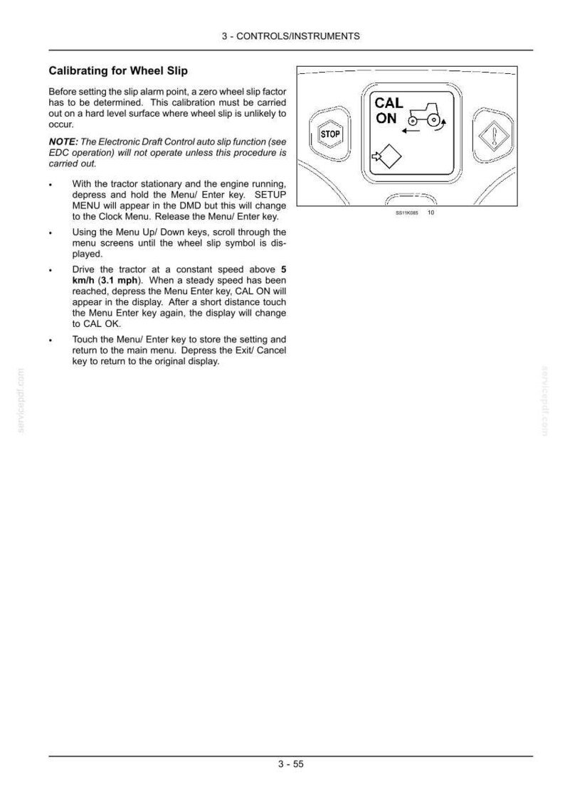 May include: A technical manual page titled 3 - CONTROLS/INSTRUMENTS detailing the Calibrating for Wheel Slip procedure. It includes text instructions and a diagram showing a display screen with the text CAL ON and a tractor icon.