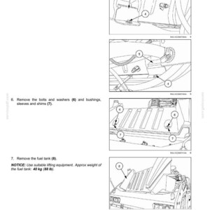 Puede incluir: Diagrama que ilustra la extracci&oacute;n de componentes del dep&oacute;sito de combustible. La imagen muestra los pasos para quitar pernos, arandelas, soportes, casquillos, manguitos y calzos. El texto indica que el peso aproximado del dep&oacute;sito de combustible es de 40 kg.