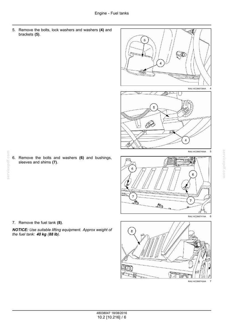 Puede incluir: Diagrama que ilustra la extracci&oacute;n de componentes del dep&oacute;sito de combustible. La imagen muestra los pasos para quitar pernos, arandelas, soportes, casquillos, manguitos y calzos. El texto indica que el peso aproximado del dep&oacute;sito de combustible es de 40 kg.