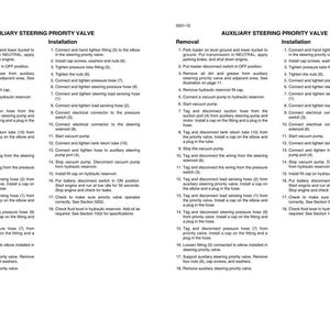 May include: A technical document page titled Auxiliary Steering Priority Valve, featuring two identical columns of black text on a white background. It provides detailed, numbered instructions for the removal and installation of the valve component.