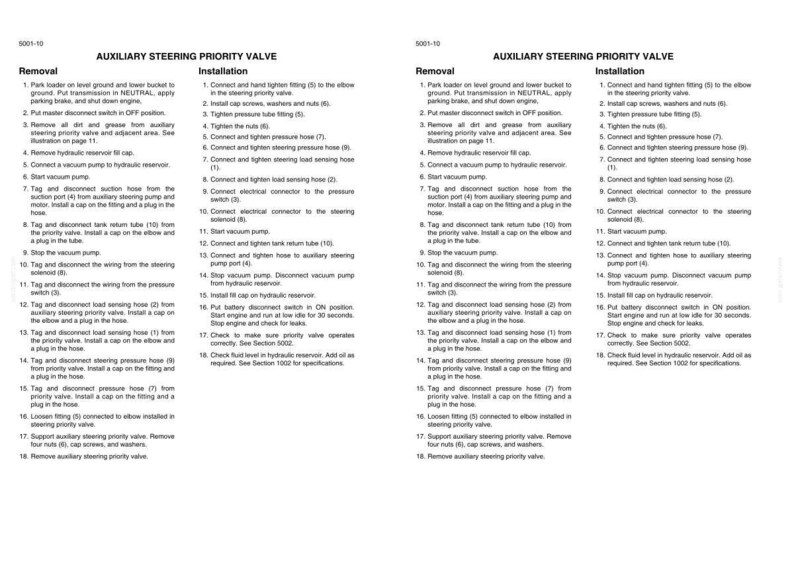 May include: A technical document page titled Auxiliary Steering Priority Valve, featuring two identical columns of black text on a white background. It provides detailed, numbered instructions for the removal and installation of the valve component.