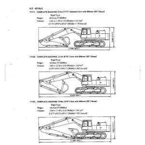 K&ouml;nnte beinhalten: Ein technisches Diagramm mit drei K916LC-Baggerkonfigurationen mit unterschiedlichen Arml&auml;ngen von 3,4 m, 2,7 m und 4,8 m. Jede Maschine verf&uuml;gt &uuml;ber 900-mm-Kettenplatten, ein starres Fahrgestell und detaillierte Gewichtsangaben von 44,4 Tonnen.