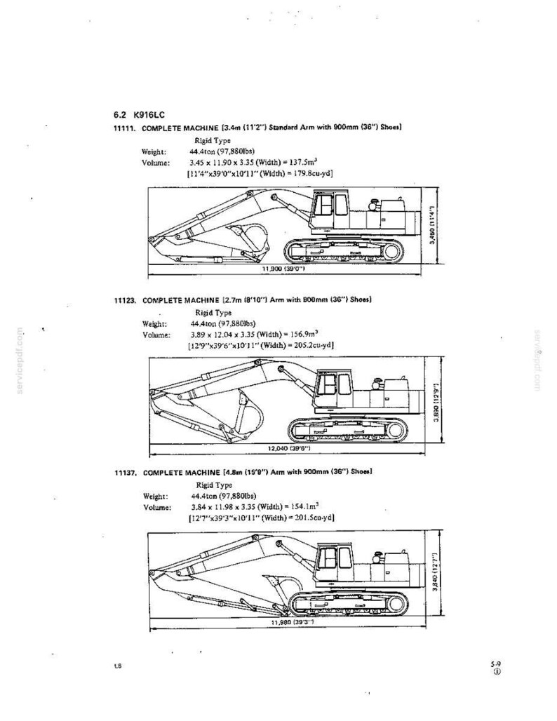 K&ouml;nnte beinhalten: Ein technisches Diagramm mit drei K916LC-Baggerkonfigurationen mit unterschiedlichen Arml&auml;ngen von 3,4 m, 2,7 m und 4,8 m. Jede Maschine verf&uuml;gt &uuml;ber 900-mm-Kettenplatten, ein starres Fahrgestell und detaillierte Gewichtsangaben von 44,4 Tonnen.