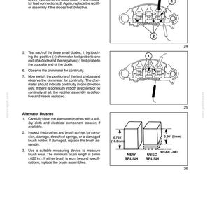 May include: A technical manual page titled SECTION 55 - ELECTRICAL SYSTEM - CHAPTER 4. It features three diagrams showing diode testing procedures with probes and a comparison illustration of a new brush versus a used brush with a 0.20 inch wear limit.