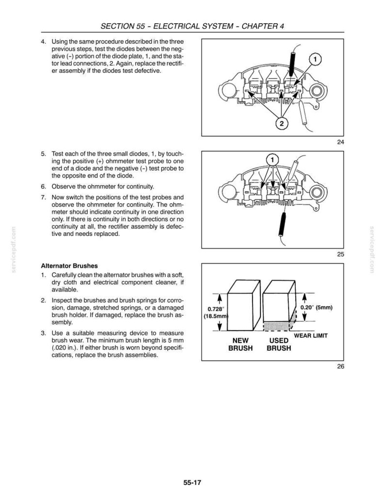 May include: A technical manual page titled SECTION 55 - ELECTRICAL SYSTEM - CHAPTER 4. It features three diagrams showing diode testing procedures with probes and a comparison illustration of a new brush versus a used brush with a 0.20 inch wear limit.