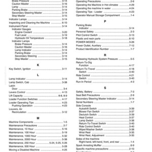 May include: Index page from a manual, detailing machine components and page references. Sections cover maintenance, operation, and safety. Text is black on a white background, with measurements in metric.