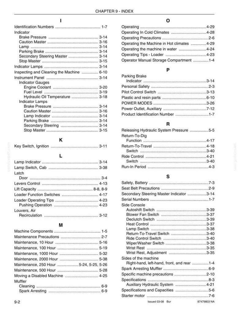 May include: Index page from a manual, detailing machine components and page references. Sections cover maintenance, operation, and safety. Text is black on a white background, with measurements in metric.