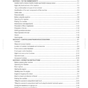 May include: A detailed table of contents from a manual, listing sections and sub-sections. The document covers topics like safety, controls, and operating instructions for machinery, including vibratory rollers. The text is black on a white background.