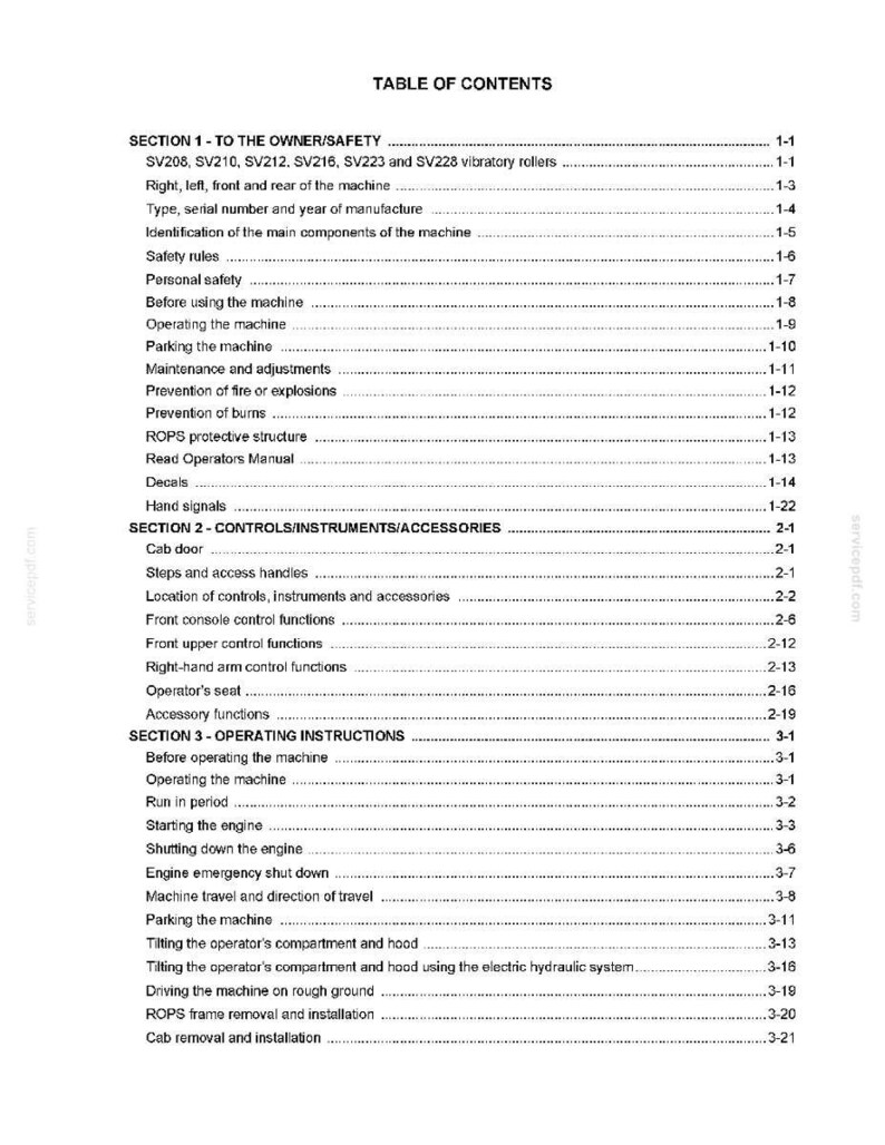 May include: A detailed table of contents from a manual, listing sections and sub-sections. The document covers topics like safety, controls, and operating instructions for machinery, including vibratory rollers. The text is black on a white background.