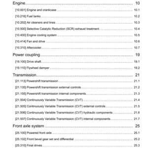 May include: A detailed table of contents from a manual, with the title "Contents" at the top. The document lists various engine and vehicle system components, including engine, transmission, and axle systems, with corresponding page numbers.