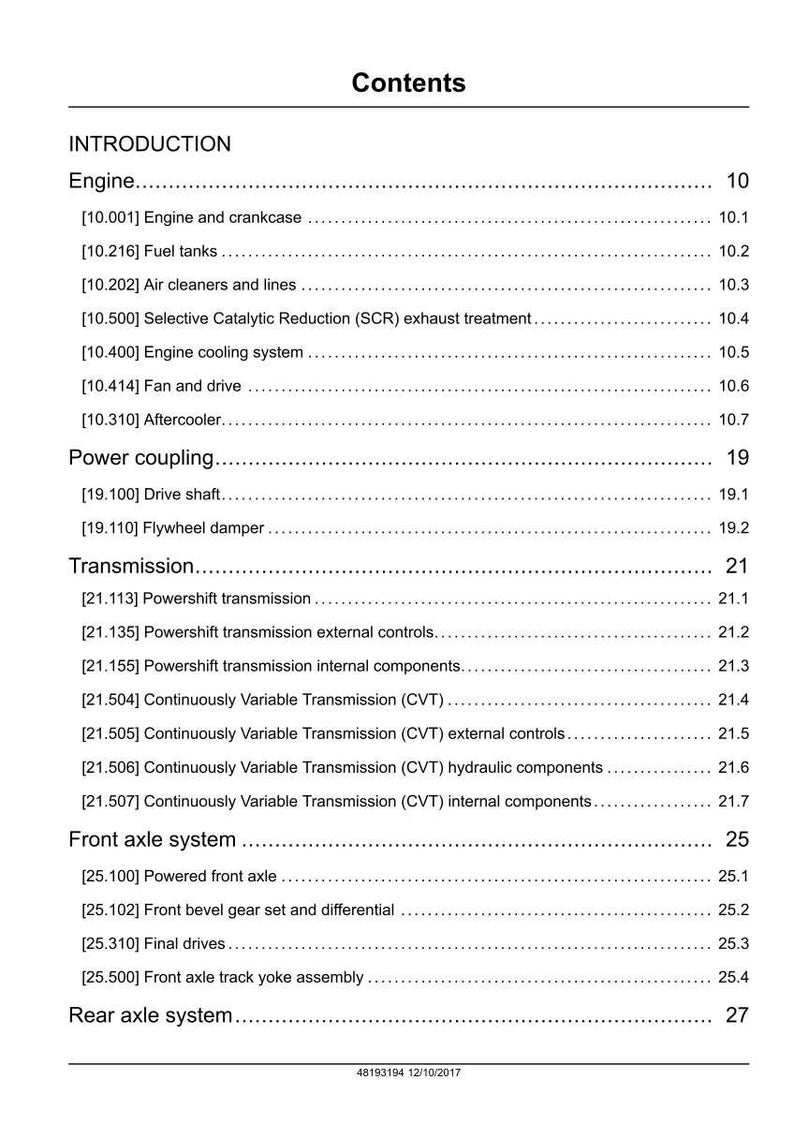 May include: A detailed table of contents from a manual, with the title "Contents" at the top. The document lists various engine and vehicle system components, including engine, transmission, and axle systems, with corresponding page numbers.