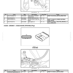May include: Diagram showing electrical systems, harnesses, and connectors. It features detailed illustrations of wiring and plugs, with labels and specifications for various components. The image includes a table with pin, wire, and description details.