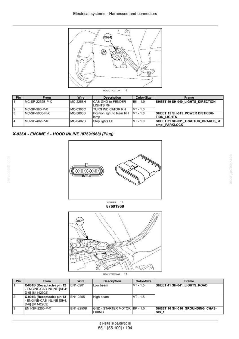 May include: Diagram showing electrical systems, harnesses, and connectors. It features detailed illustrations of wiring and plugs, with labels and specifications for various components. The image includes a table with pin, wire, and description details.