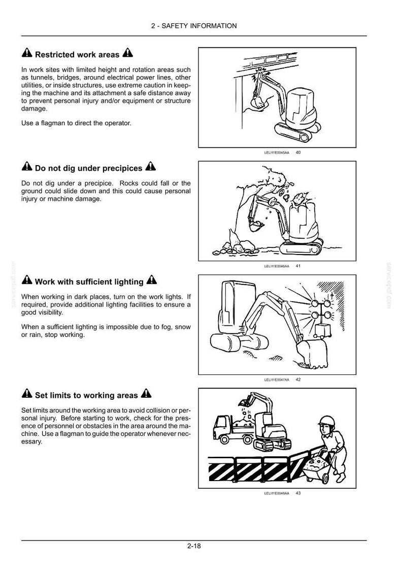 May include: Black and white diagrams of construction machinery with safety advice. The image features text on restricted work zones, avoiding precipices, adequate lighting, and setting work boundaries. A flagman is referenced.