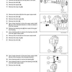 May include: Diagram of a header drive system with numbered components and instructions for disassembly. Includes images of gears, shafts, and bearings. Text at the top reads "Product feeding - Header drive system."