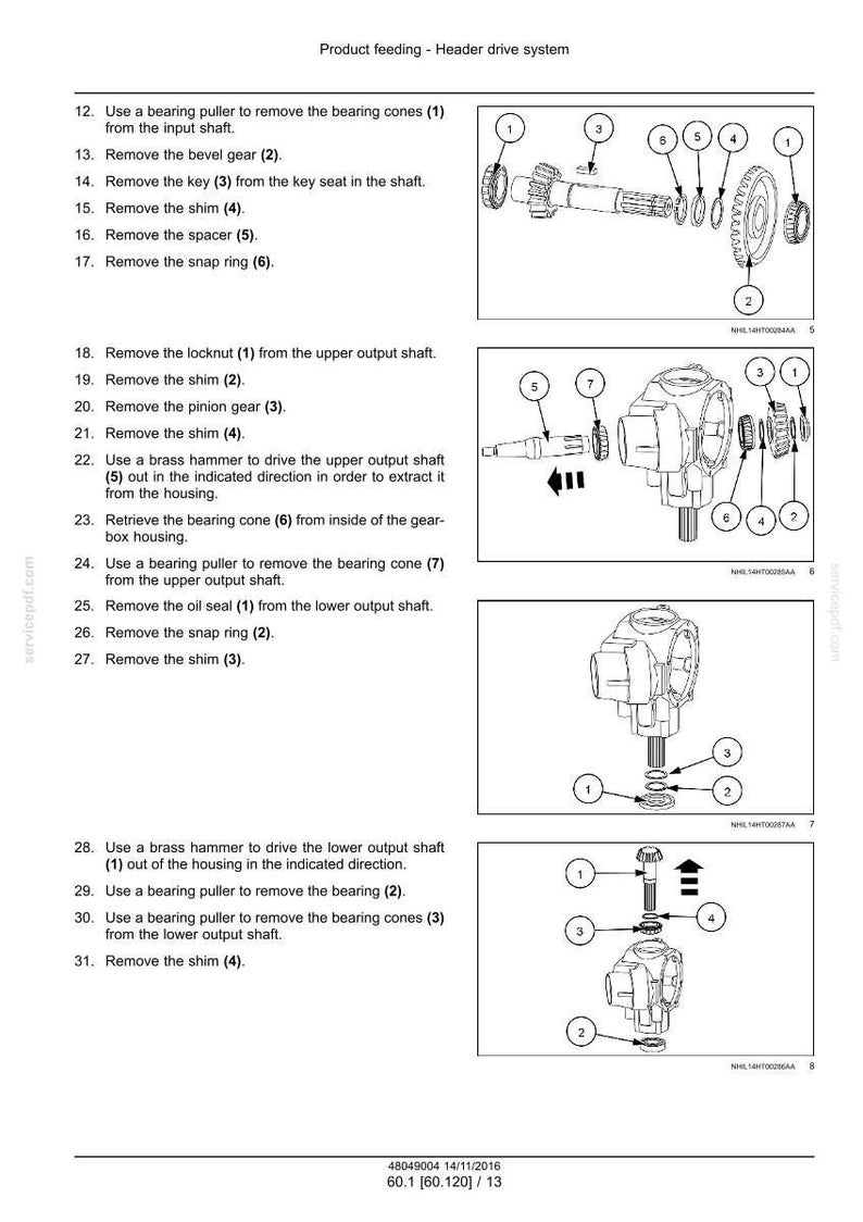 May include: Diagram of a header drive system with numbered components and instructions for disassembly. Includes images of gears, shafts, and bearings. Text at the top reads "Product feeding - Header drive system."
