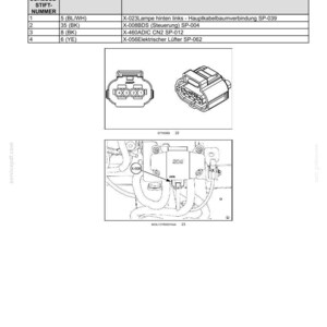 May include: A technical diagram titled STECKVERBINDER X-008 - BDS (Steuerung) showing a wiring connector table with four pins, cable numbers, and circuit references, alongside two line drawings of the connector and its installation location.