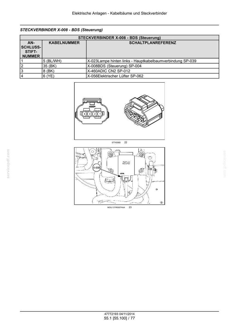 May include: A technical diagram titled STECKVERBINDER X-008 - BDS (Steuerung) showing a wiring connector table with four pins, cable numbers, and circuit references, alongside two line drawings of the connector and its installation location.