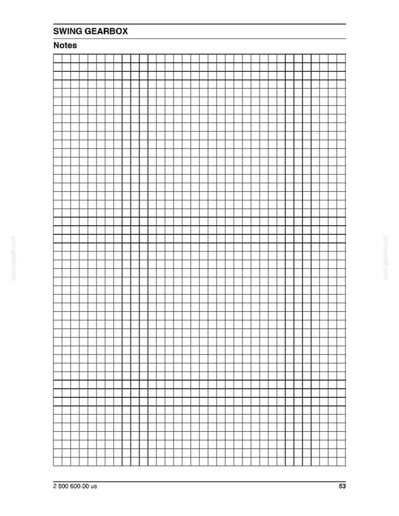 May include: A white page with a grid pattern, labeled "SWING GEARBOX" and "Notes" at the top. The grid is composed of evenly spaced horizontal and vertical lines, creating numerous small squares. The bottom of the page has the number "53".