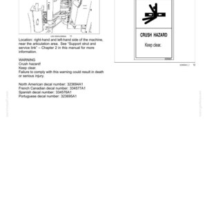May include: A page from a manual with safety information. It includes diagrams of machinery components and a warning sign with a graphic of a person being crushed. Text warns of crush hazards and the need to keep clear.