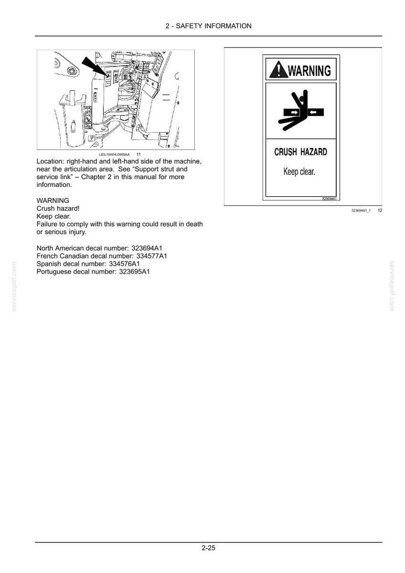 May include: A page from a manual with safety information. It includes diagrams of machinery components and a warning sign with a graphic of a person being crushed. Text warns of crush hazards and the need to keep clear.