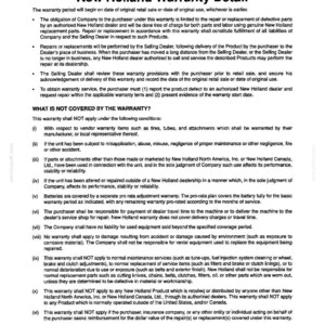 Op de afbeelding: Een zwart-wit document getiteld New Holland Warranty Detail. De tekst beschrijft garantieperiodes, reparatieverplichtingen en niet-gedekte voorwaarden, inclusief leveranciersartikelen, misbruik en onderhoudswerkzaamheden voor apparatuur.