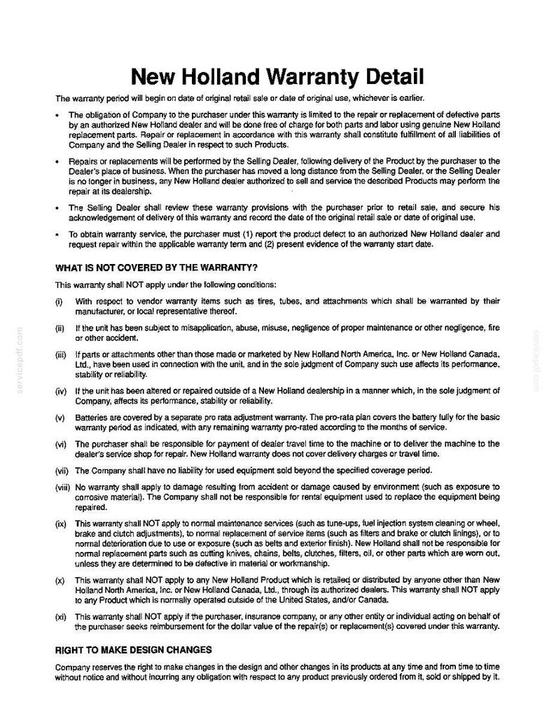 Op de afbeelding: Een zwart-wit document getiteld New Holland Warranty Detail. De tekst beschrijft garantieperiodes, reparatieverplichtingen en niet-gedekte voorwaarden, inclusief leveranciersartikelen, misbruik en onderhoudswerkzaamheden voor apparatuur.