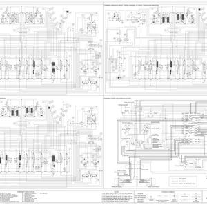 May include: A detailed engineering schematic of a hydraulic system for excavators. The diagram is complex, with numerous lines, symbols, and components, all rendered in black and white. The schematic is divided into multiple sections, with a legend at the bottom.