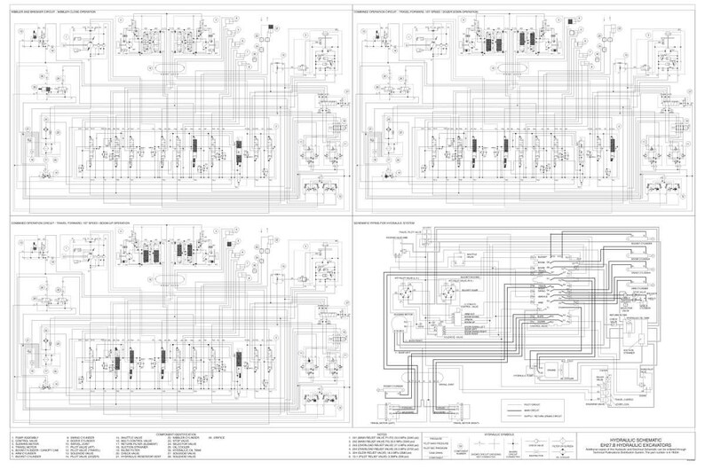 May include: A detailed engineering schematic of a hydraulic system for excavators. The diagram is complex, with numerous lines, symbols, and components, all rendered in black and white. The schematic is divided into multiple sections, with a legend at the bottom.