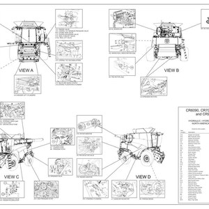 May include: Black and white schematic diagram of a combine harvester, with multiple views labeled A, B, C, and D. The diagram includes detailed component locations and a parts list.