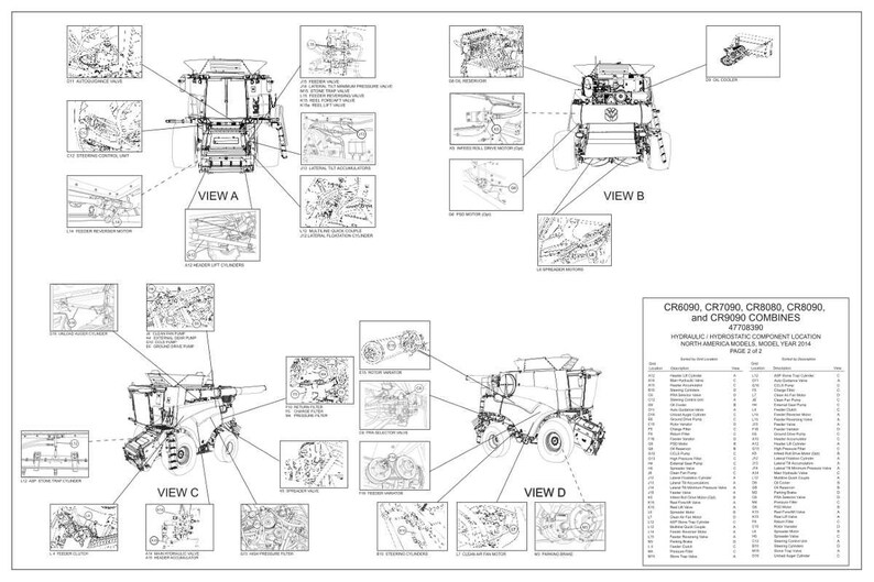 May include: Black and white schematic diagram of a combine harvester, with multiple views labeled A, B, C, and D. The diagram includes detailed component locations and a parts list.