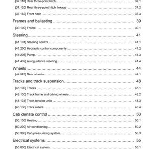 May include: A detailed page from a manual, featuring a table of contents with various sections and subsections. The headings include "Hitches, drawbars, and implement couplings," "Steering," and "Electrical systems." The document is dated 22/02/2018.