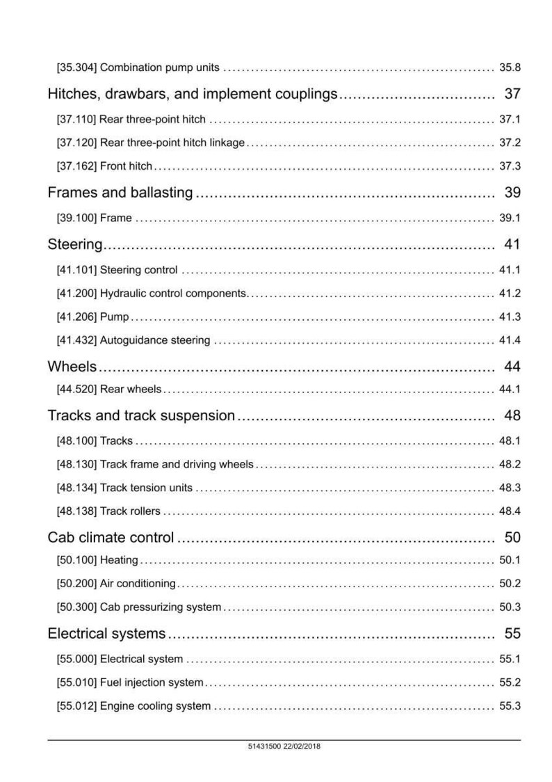 May include: A detailed page from a manual, featuring a table of contents with various sections and subsections. The headings include "Hitches, drawbars, and implement couplings," "Steering," and "Electrical systems." The document is dated 22/02/2018.