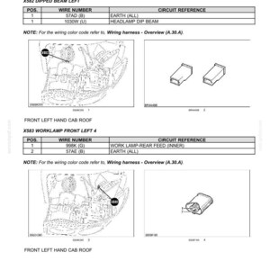 May include: A technical document titled Connector - Component diagram 58, detailing electrical systems for 6115, 6125, 4110, 4120, 4130, and 6140 PROFI models. It includes wiring tables for X582 dipped beam left and X583 worklamp front left, with line drawings.