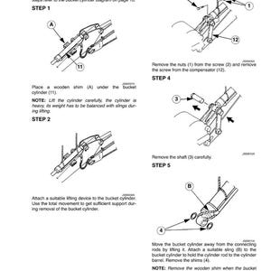 Op de afbeelding: Technisch diagram dat de verwijdering van een bakcilinder detailleert, met genummerde stappen en close-up weergaven van componenten. Instructies om moeren, schroeven en assen te verwijderen en een hijsband te bevestigen. Tekst bevat "Removal" en "NOTE..."