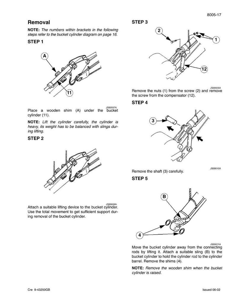 Op de afbeelding: Technisch diagram dat de verwijdering van een bakcilinder detailleert, met genummerde stappen en close-up weergaven van componenten. Instructies om moeren, schroeven en assen te verwijderen en een hijsband te bevestigen. Tekst bevat "Removal" en "NOTE..."