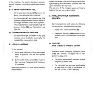 May include: A page from a manual detailing hydraulic system operations, including instructions on correcting horizontality and lifting circuit bleed. Includes diagrams and technical specifications for cooling systems.