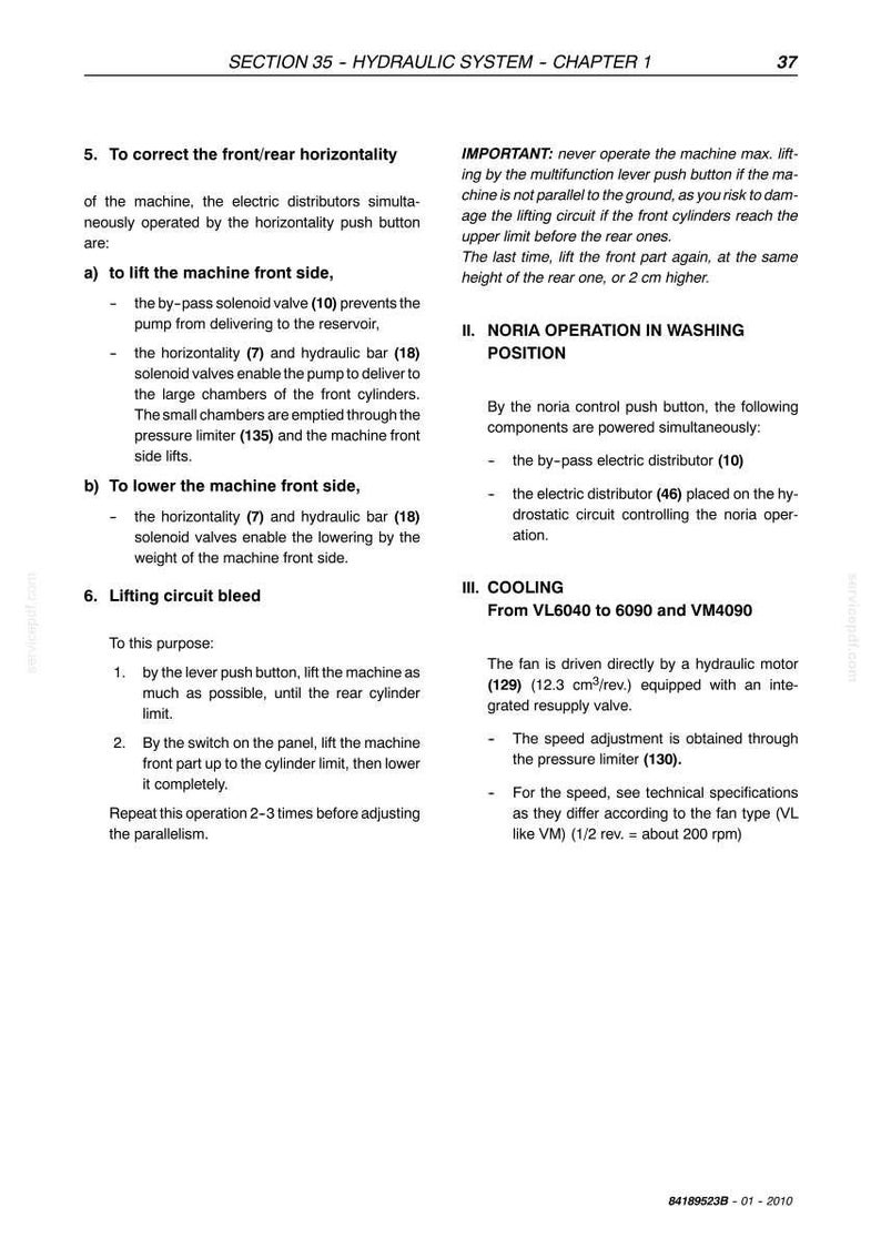 May include: A page from a manual detailing hydraulic system operations, including instructions on correcting horizontality and lifting circuit bleed. Includes diagrams and technical specifications for cooling systems.