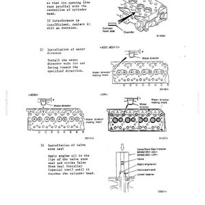 May include: A technical manual page featuring black and white line drawings of a cylinder head, water director, and valve stem seal installation. The text includes instructions for installing chamber jets, water directors, and valve stem seals.