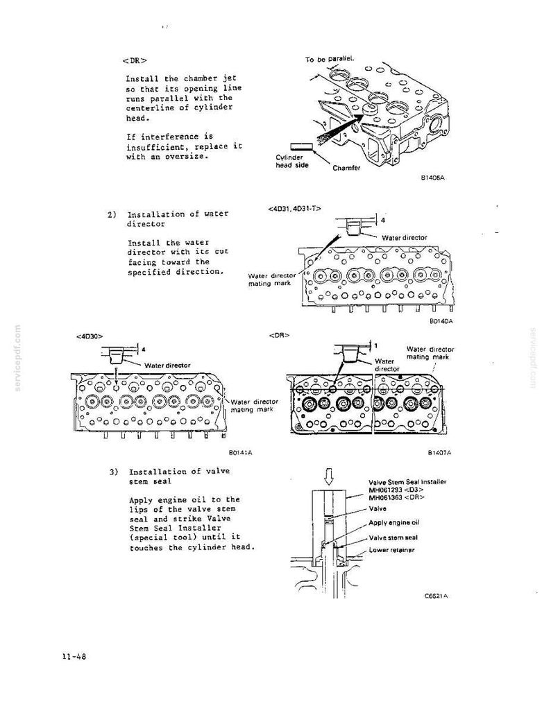 May include: A technical manual page featuring black and white line drawings of a cylinder head, water director, and valve stem seal installation. The text includes instructions for installing chamber jets, water directors, and valve stem seals.